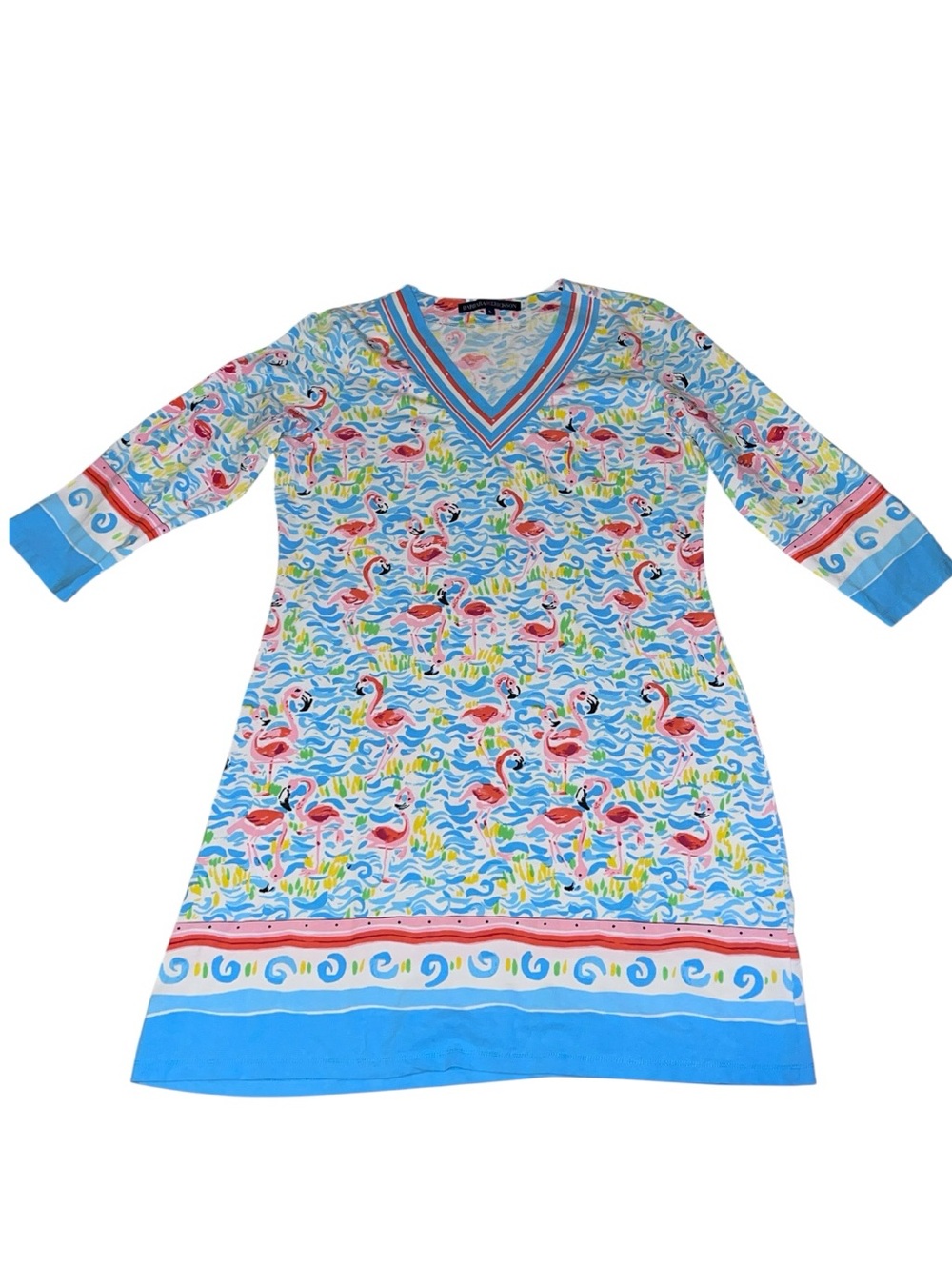 Barbara Erickson flamingo 🦩 3/4 sleeve 
v-neck dress